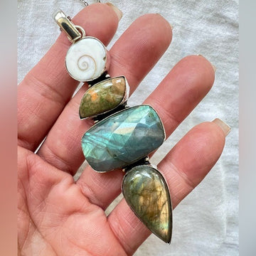 925 Beautiful Shiva’s Eye + Faceted FLASH Labradorite + Jasper Pendant Necklace
