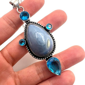 925 HIGH⚡️VIBE Owyhee Opal + Blue Topaz Necklace Pendant