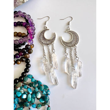 Celestial! Triple Clear Quartz Moon Earrings !