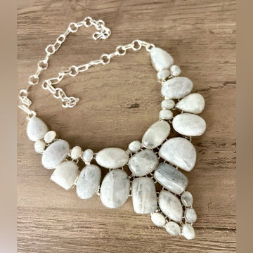 925 MOON GODDESS Rainbow Moonstone Collar Bib Necklace