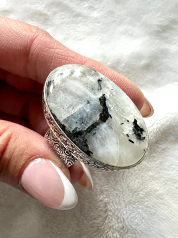 925 Natural HUGE Rainbow Moonstone w/ Black Tourmaline - adjustable
