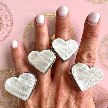 925 RAW Selenite Heart Crystal Charge Ring 5 6 7 8 9 10.5