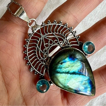 925 Brilliant Flash Labradorite + Topaz Necklace Pendant