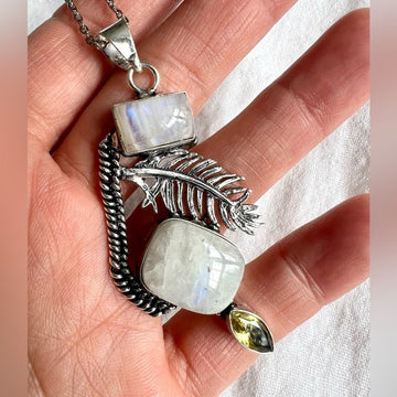 925 DOUBLE Flash Rainbow Moonstone Feather Pendant Necklace