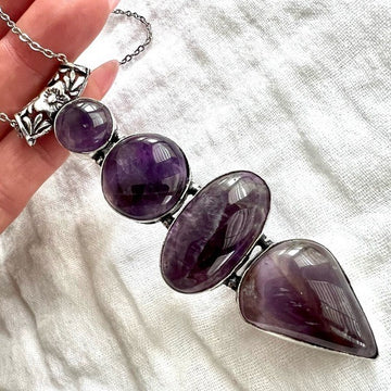 925 LONG GORGEOUS 4 Stone Amethyst Necklace Pendant