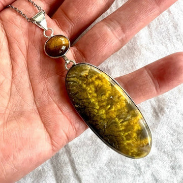 925 Positive Vibes! Bumble Bee Jasper + Tigers Eye Pendant Necklace