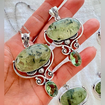 925 Moss Prehnite w/ Epidote! Pendant Necklace