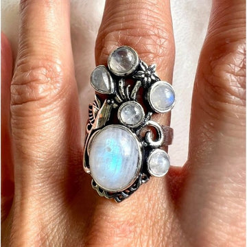 925 Rainbow Moonstone BIRD Flower Ring 6, 7, 8, 9.5