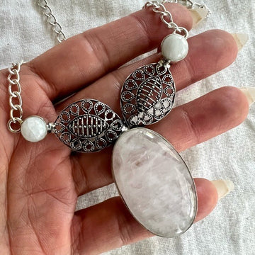 925 Feminine Rose Quartz + Moonstone Necklace Pendant