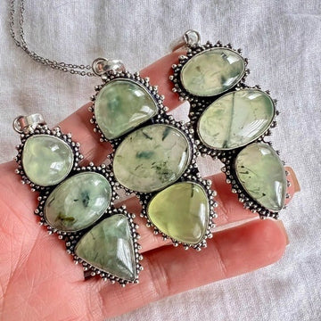 925 Your Choice! Ornate Triple Moss Prehnite Pendant Necklace