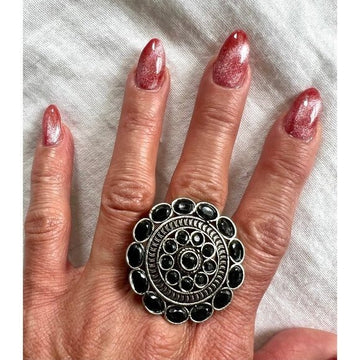 925 Huge! Ornamental Black Spinel Mandala Ring 7.5, 8.5