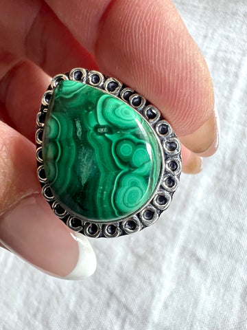 925 Heart Portal Malachite Swirl Ring 7.75