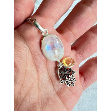925 Hamsa Rainbow Flash Moonstone + Citrine Pendant Necklace