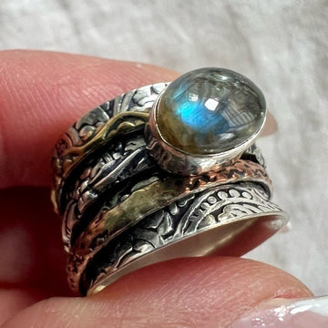925 Blue Flash Labradorite SPINNER Tri Color Ring 6.75 Gold Copper Silver