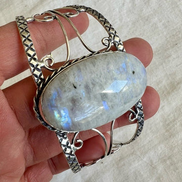 925 Gorgeous Rainbow Flash Moonstone Cuff Bracelet w/ Tourmaline