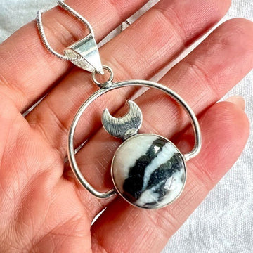 925 White Buffalo Jasper Circular MOON Necklace Pendant