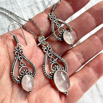 925 Ornamental Rose Quartz Necklace + Earrings Set