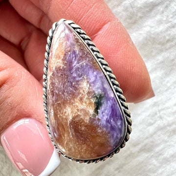 925 Yin Yang Orange & Purple Charoite Ring 7.25