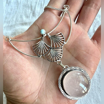 925 ORNATE Rose Quartz + Larimar Necklace Pendant