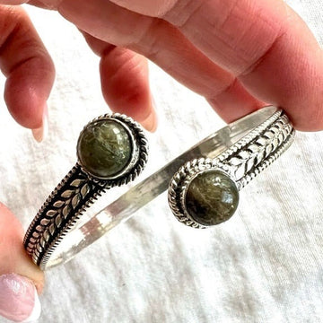 925 Embossed Dark Labradorite Festival Cuff Bangle Bracelet