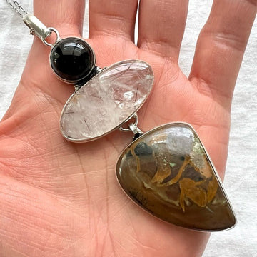 925 HUGE Onyx + Tourmalated Quartz + Brecciated Jasper Pendant Necklace