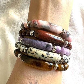 Mahogany Obsidian, Dalmatian Jasper, Pink Zebra, Lepidolite Mala ID Bracelet