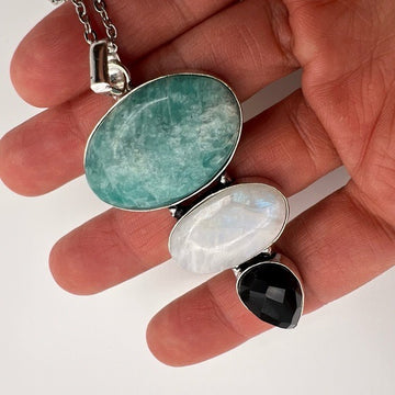 925 Peacemaker Amazonite + Rainbow Flash Moonstone Pendant Necklace