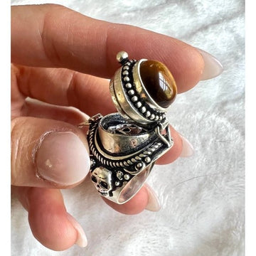 925 Skull + Crossbones Tigers Eye POISON Ring 6 7 9