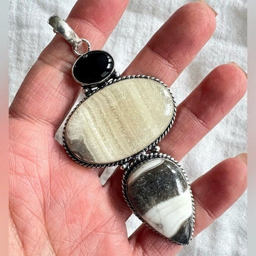 925 HUGE African Zebra Calcite + Onyx Necklace Pendant