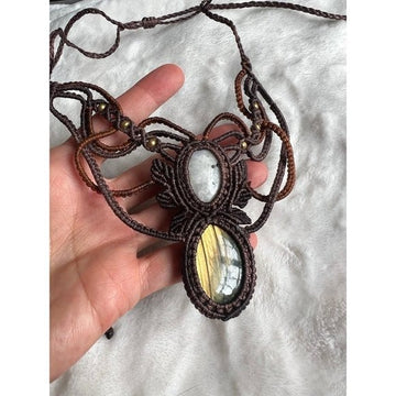 Artisan Braided Hemp Flash Labradorite + Rainbow Moonstone Necklace