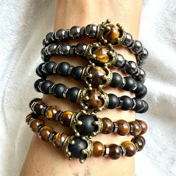 Tiger Eye + Black Onyx + Hematite Crown Mala Bead Bracelet
