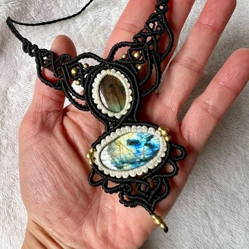 ARTISAN Hand Woven HEMP Double Flash Labradorite Necklace