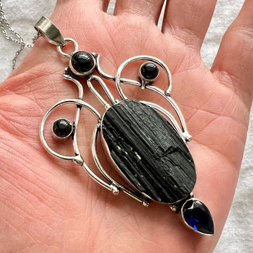 925 STUNNING Raw Black Tourmaline + Onyx + Tanzanite Pendant Necklace