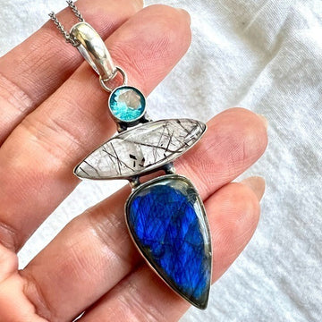 925 Shadow Blue Flash Labradorite + Tourmalated Quartz Pendant Necklace