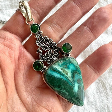925 Calming Confidence Malachite Chrysocolla Peacock Pendant Necklace