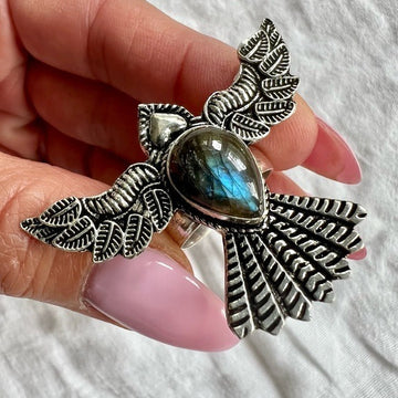 925 Peace Dove ❤️ Flash Labradorite Ring 7.5