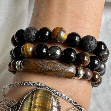 Protection Tigers Eye, Hematite, Onyx, Mala Bead Bracelet