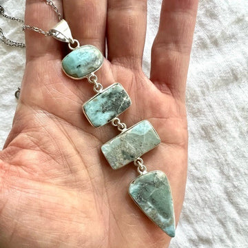 925 Long Cleavage Larimar Calming Caribbean Pendant Necklace