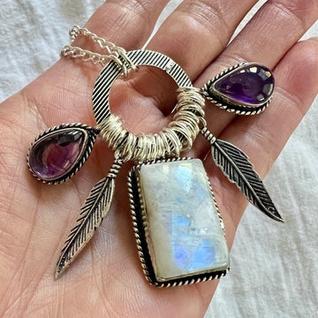 925 WOW WOW!! Amazing! Rainbow Flash Moonstone + Amethyst Feather Necklace