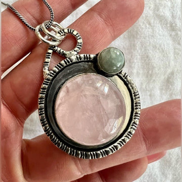 925 Beautiful Rose Quartz + Moonstone Necklace Pendant