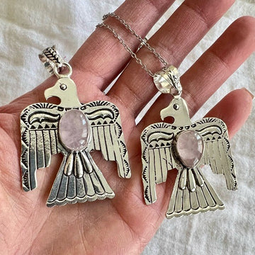 925 Phoenix Thunderbird ROSE QUARTZ Bird Native Pendant Necklace