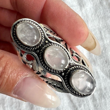 925 Ornate Triple Rose Quartz Shield Ring 7