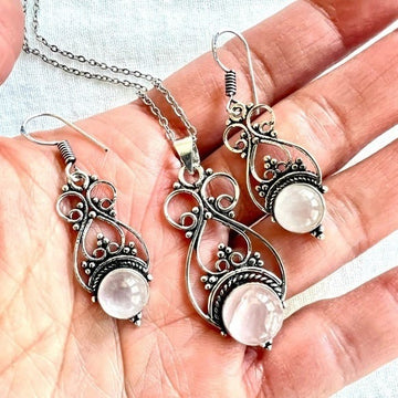 925 Dainty Rose Quartz Necklace + Earrings SET!