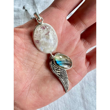 925 Feather Rainbow Flash Moonstone + Flash Labradorite Pendant Necklace