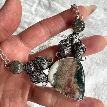 925 MIX Green + Red MOSS AGATE + Flash Labradorite Necklace