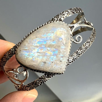 925 Rainbow Flash Moonstone Teardrop Cuff Bracelet