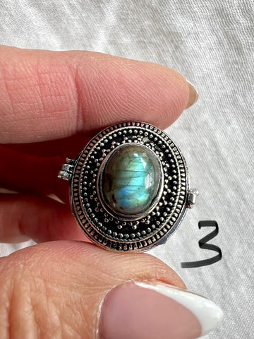 925 Rainbow Flash Moonstone Poison Locket Ring 8