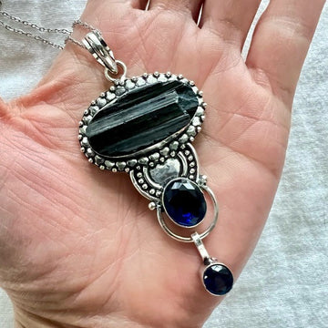 925 Gorgeous! Ornate RAW Black Tourmaline + Tanzanite Pendant Necklace