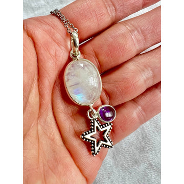 925 STAR Rainbow Flash Moonstone + Amethyst Pendant Necklace