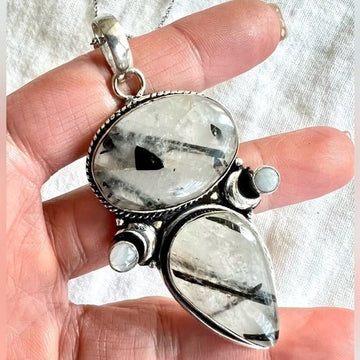 925 MOON Vibe Tourmalated Quartz + Moonstone Pendant Necklace